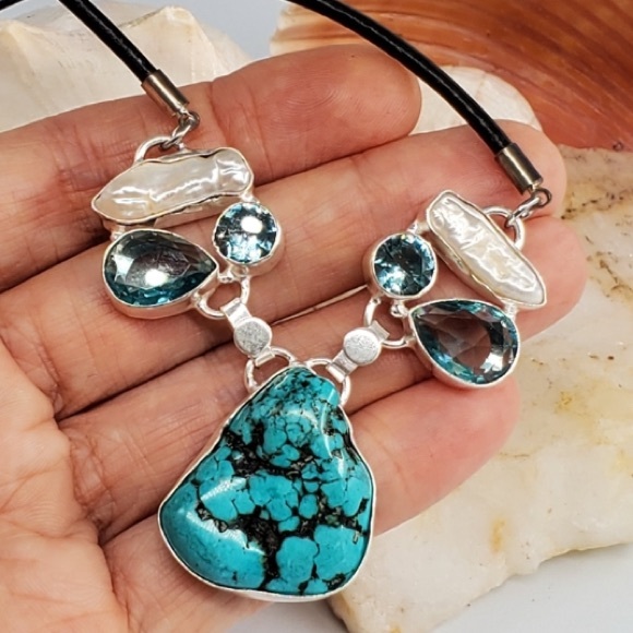 Genuine Turquoise Sterling Silver Necklace Mother of Pearl & Blue Quartz Stones - Picture 5 of 11